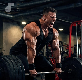 A muscular athlete deadlifting heavy weights while yelling