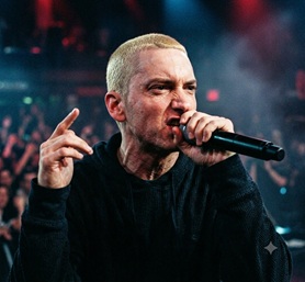 A rapper passionately holding a microphone looking down