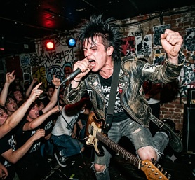 A chaotic punk rock crowd with spiked leather jackets