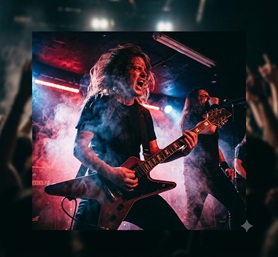 A guitarist intensely headbanging on a dark stage