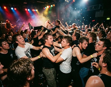 A blurry, energetic crowd jumping at a rock show