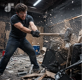A person smashing an old television with a baseball bat