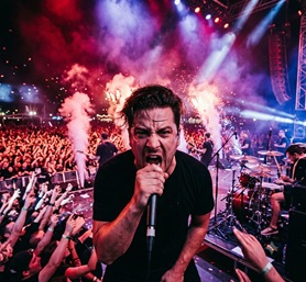 A hardcore band vocalist screaming into the mic