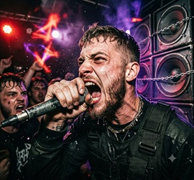 A rapper screaming into a microphone under intense red lighting