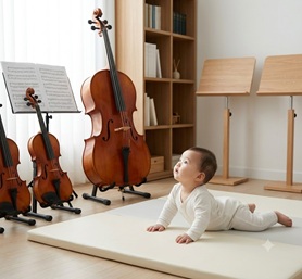 Violins and cellos playing in a soft lit room