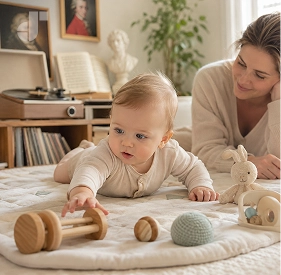 A happy baby doing tummy time on a colorful play mat