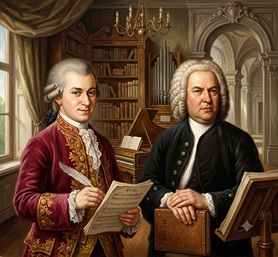 Classical composers stylized in a soft, nursery aesthetic