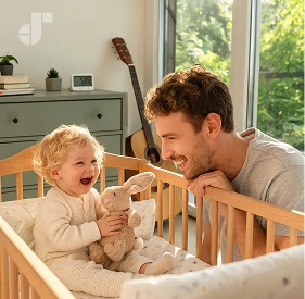 Sunlight filtering through nursery curtains onto a smiling waking baby