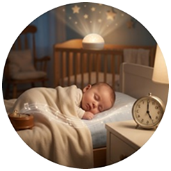 A clock striking bedtime with musical notes floating nearby