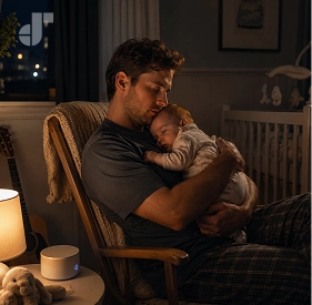 A tired parent gently rocking a swaddled infant in a dim room