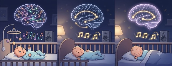 A glowing brain graphic showing neural pathways connecting music to sleep