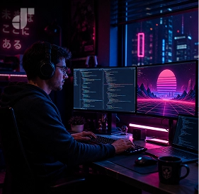 A programmer's dark mode screen with retro 80s synthwave graphics