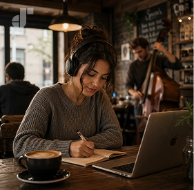 A steaming cup of coffee next to an open laptop and notebook