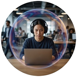 A worker with headphones clearly focused, ignoring background office chatter