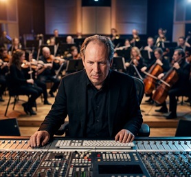 Composer Hans Zimmer conducting a massive orchestra