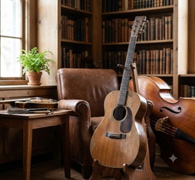 Close up of hands playing an acoustic guitar