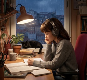 The iconic anime studying girl with headphones