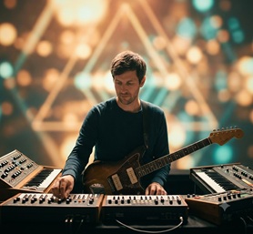 Artist Tycho performing live with synth equipment