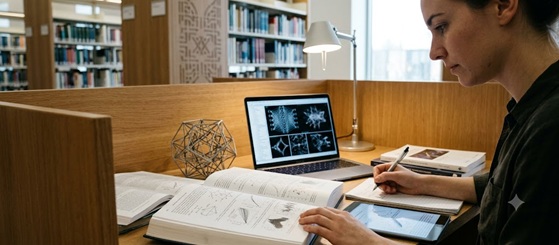 A student studying intensely with books and headphones