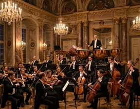 A classical orchestra performing in a grand hall