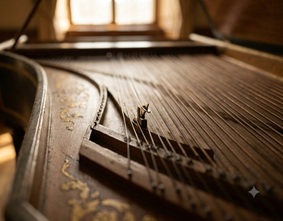 A close-up of vintage harpsichord keys