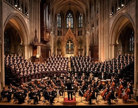 A grand choir singing inside a historic cathedral
