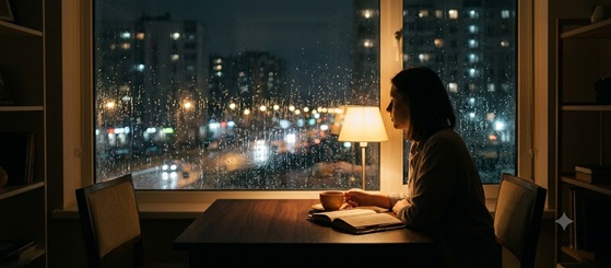A person sitting by the window reflecting late at night
