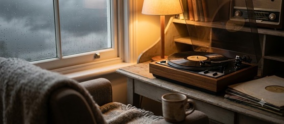 Raindrops on a window pane with a warm indoor setting