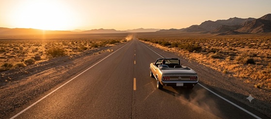 A view from a car driving on a lonely desert highway