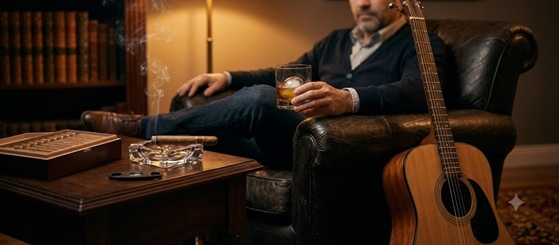 A glass of whiskey on a wooden table with a vintage record player