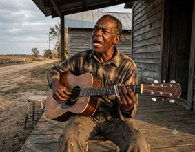 A vintage acoustic guitar resting on a wooden porch