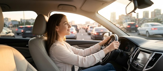 Someone driving a car while listening to uplifting music