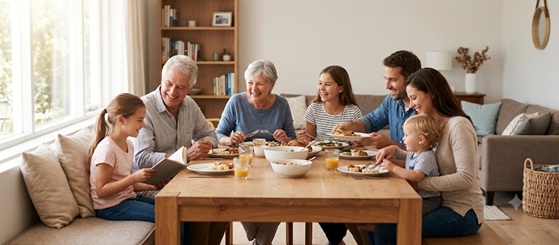 A happy family spending time together in the living room