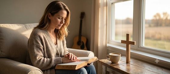 A person reading a bible with a cup of coffee and morning sunlight