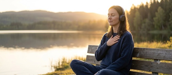 A person relaxing by a window looking peaceful and relieved