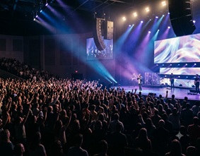 A crowd raising hands at a live worship concert