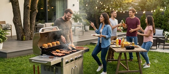 Friends enjoying a backyard BBQ party