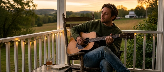A person relaxing on a wooden porch at sunset