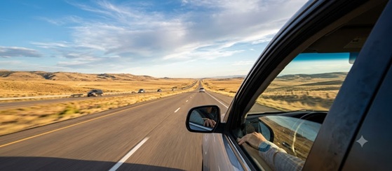 A car driving down a scenic country road