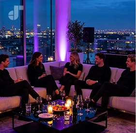A neon-lit lounge room at 3 AM with relaxed partygoers