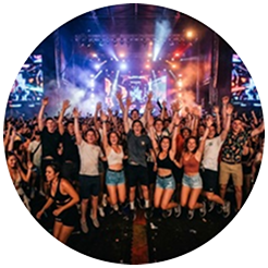 Hands raised in unison at a peak club moment