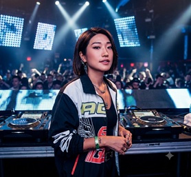 Peggy Gou wearing stylish sunglasses behind the DJ decks