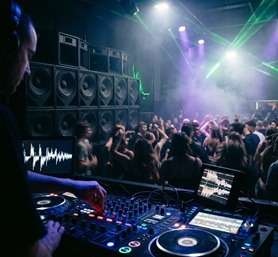 A DJ mixer with glowing LEDs emphasizing tech house vibes
