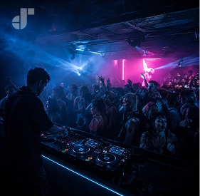 A dimly lit underground nightclub with silhouetted dancers
