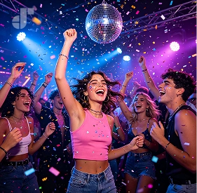 Friends dancing and recording videos on smartphones at a party
