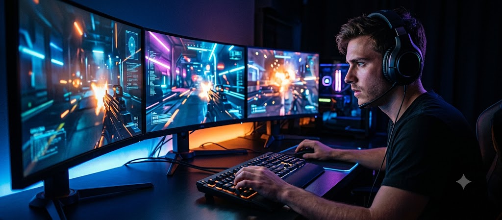 A gamer wearing an RGB headset focused on a glowing monitor