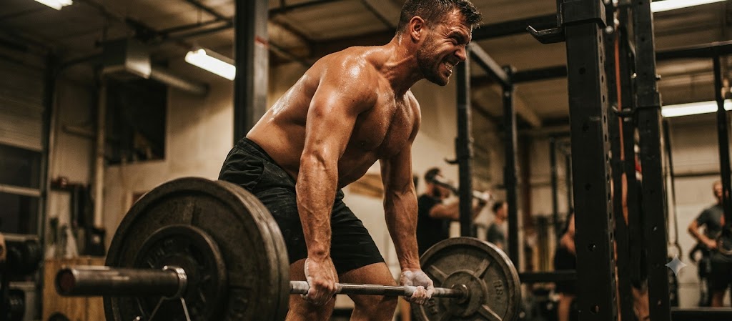 Muscular person lifting heavy weights with headphones on
