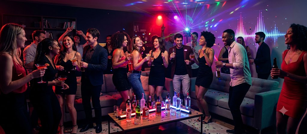 Energetic friends cheering and holding drinks under neon lights