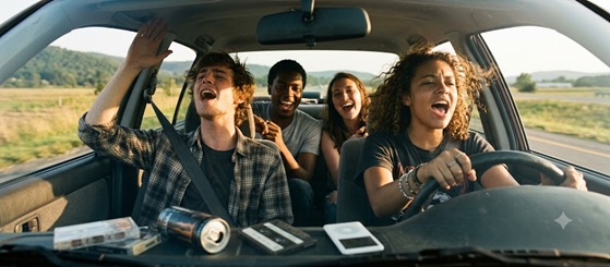Friends singing passionately in a car during a night drive