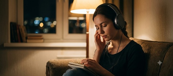 A person lying in bed looking contemplative with headphones on